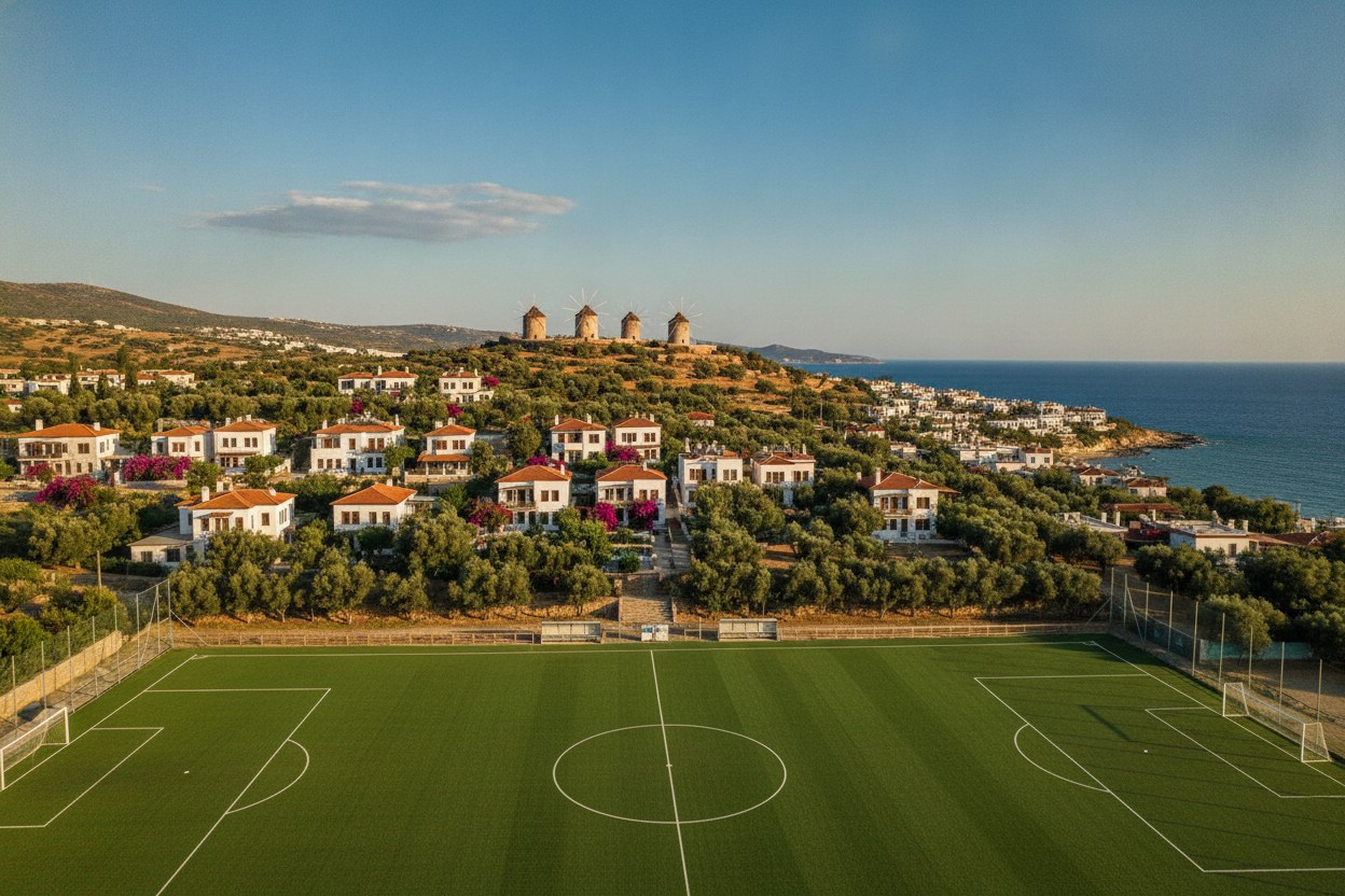 Alaçatı'da deniz manzaralı futbol sahası ve Ege kıyısı