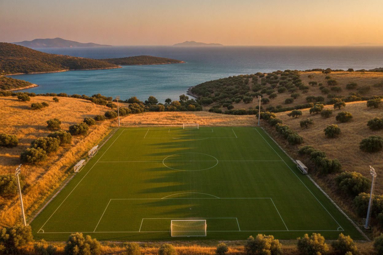 Ege kıyısında gün batımında futbol sahası
